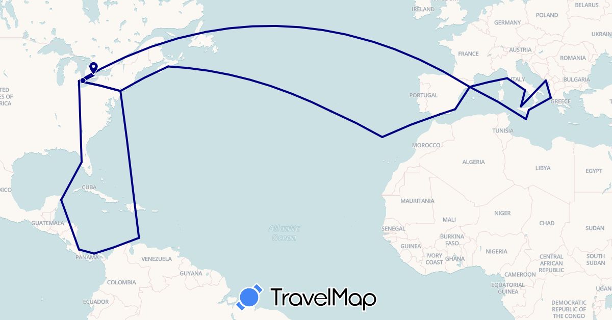 TravelMap itinerary: driving in Canada, Colombia, Costa Rica, Spain, Greece, Italy, Montenegro, Malta, Mexico, Netherlands, Panama, Portugal, Turks and Caicos Islands, United States (Europe, North America, South America)